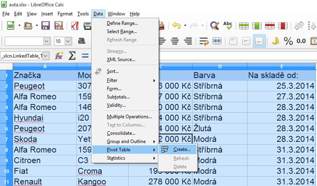 Výběr dat v kontingenční tabulce Libre Office
